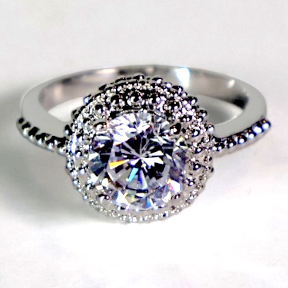 Swarovski Crystal Halo Ring Size 8 Sterling Silver Overlay Beaded Band New